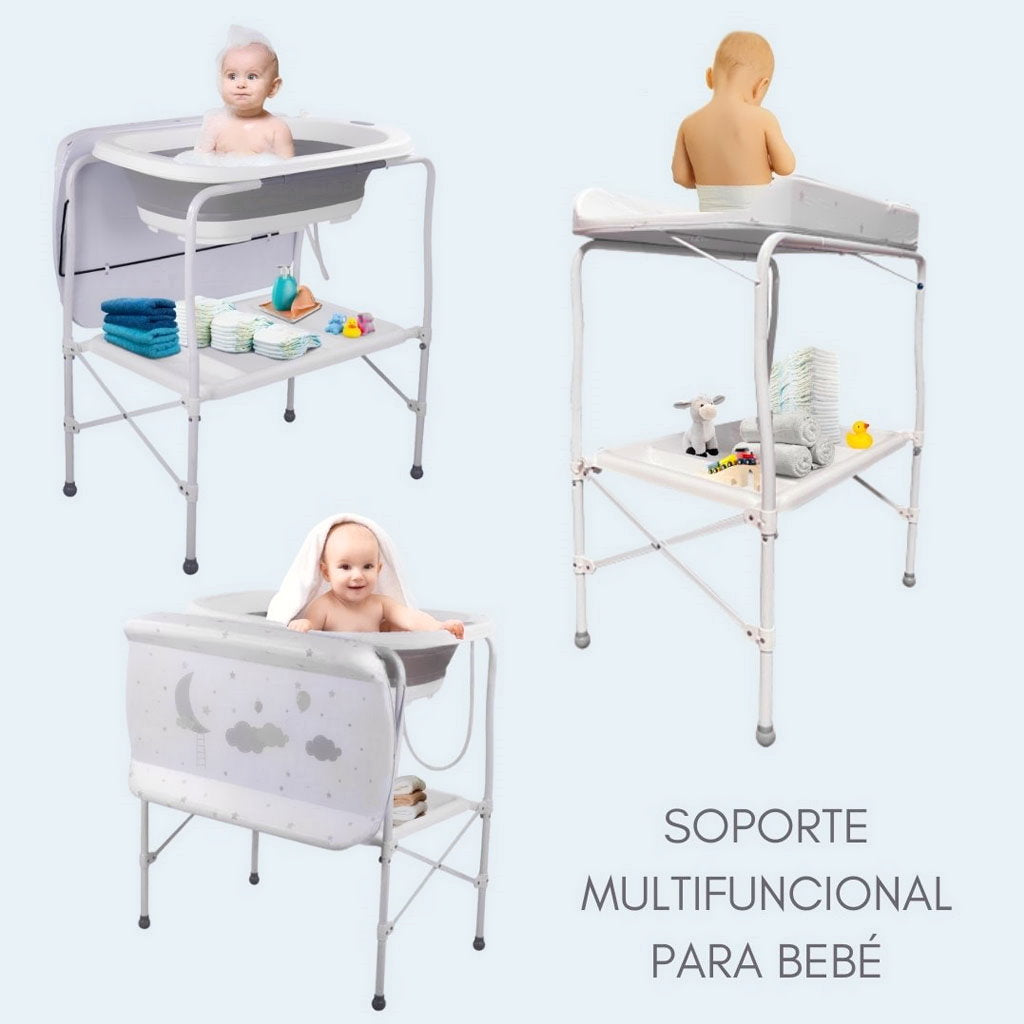 Bathby | Bañera Bebé 5 En 1 Plegable Con Soporte, Cambiador, Bandejas, Desagüe (gris Standard)