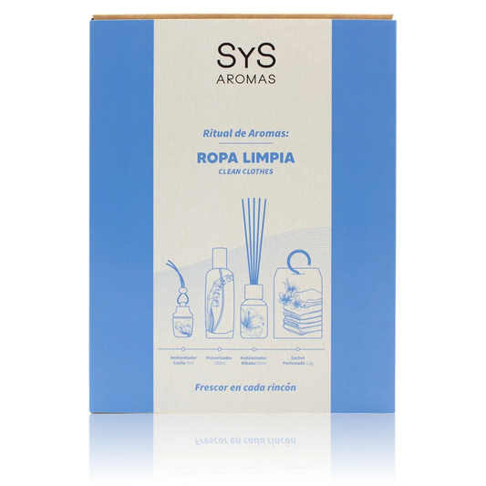 Pack Ropa Limpia SYS Aromas | Mikado 50ml + Spray 100ml + Coche 7ml + Sachet | Aroma Fresco y Límpio | Hecho en España_0
