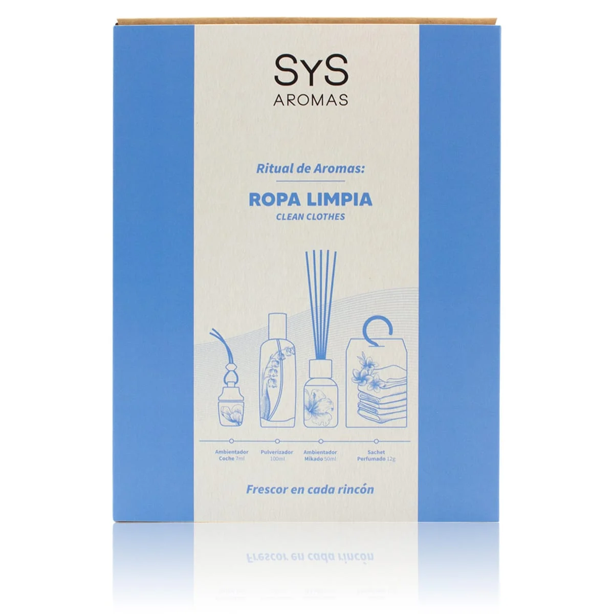Pack Aroma Ropa Limpia SYS Aromas | Ambientador de Coche 7 ml, Pulverizador 100 ml, Mikado 50 ml y Sachet 12 g_0