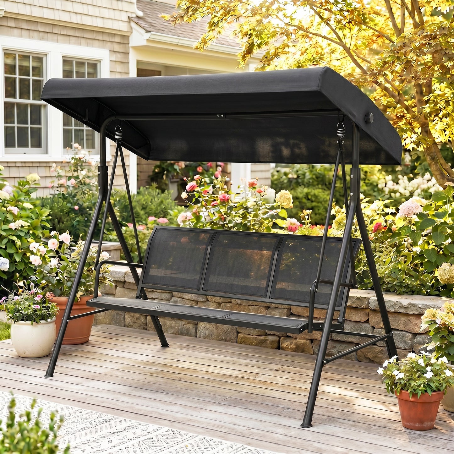 Outsunny Columpio De Jardín De 3 Plazas Techo Ajustable 175x118x159 Cm Negro_4