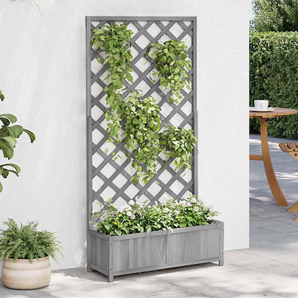 Jardinera Con Enrejado Gris 90x35x180 Cm Madera Maciza De Abeto_1