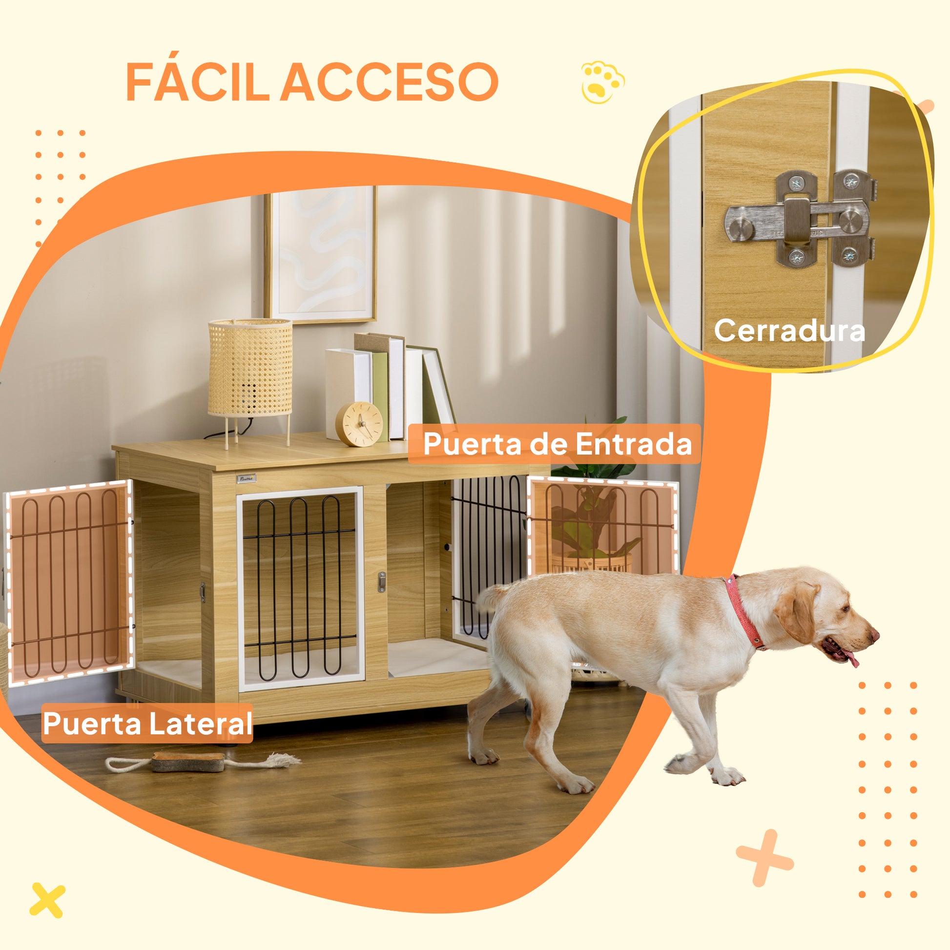 Pawhut Jaula Para Perros Con Cojín Lavable Estructura De Acero 90x58x65 Cm Roble_5