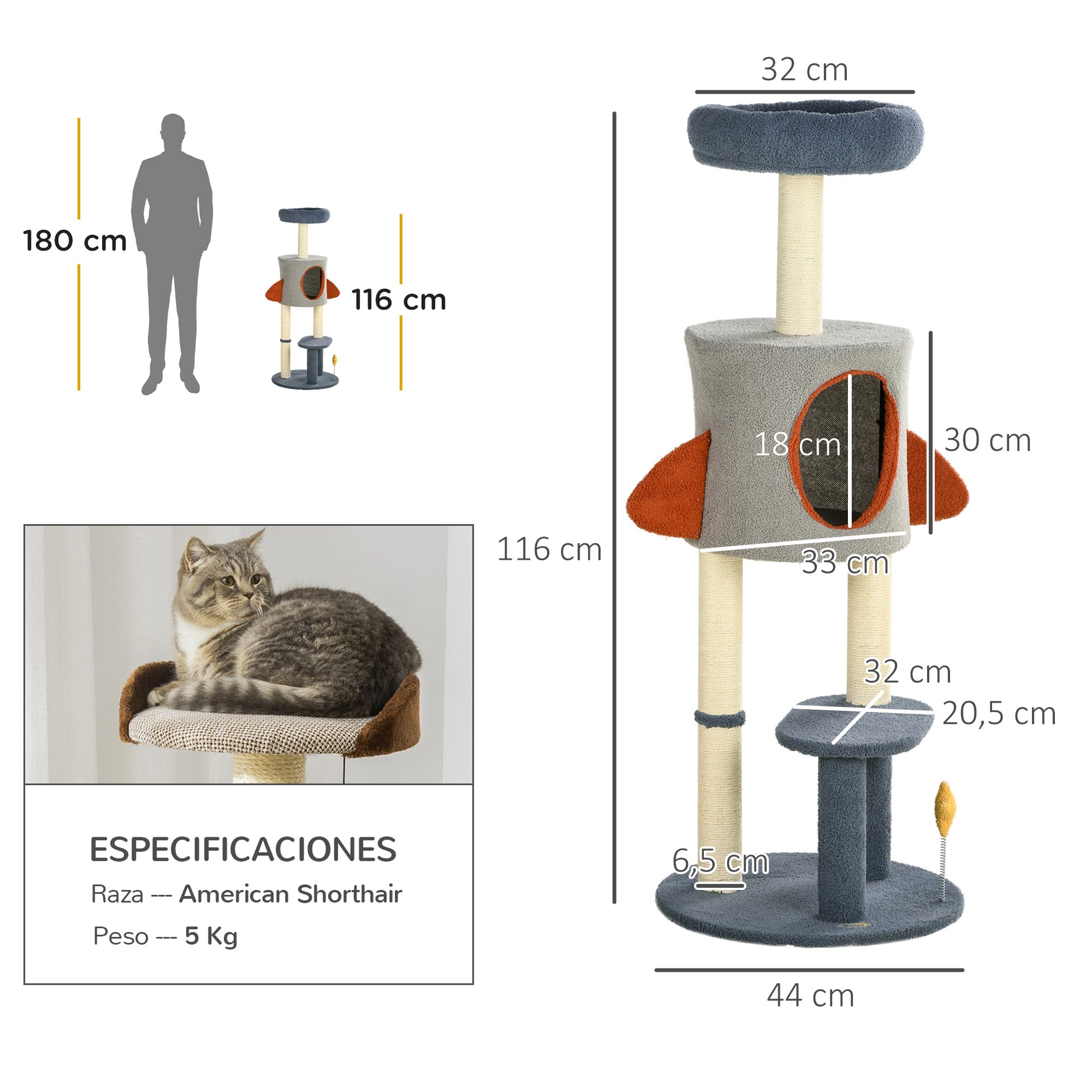 Pawhut Árbol Rascador Para Gatos De 116 Cm Tipo De Cohete Con Postes Cama Azul_2