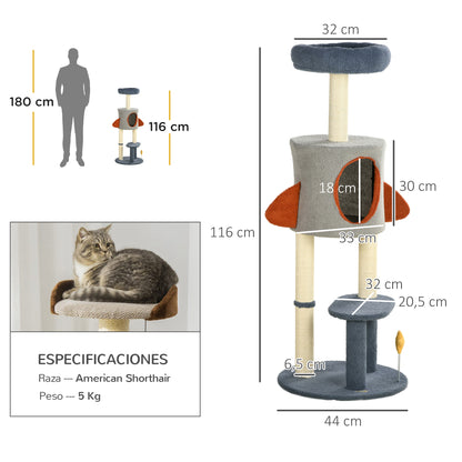 Pawhut Árbol Rascador Para Gatos De 116 Cm Tipo De Cohete Con Postes Cama Azul_2