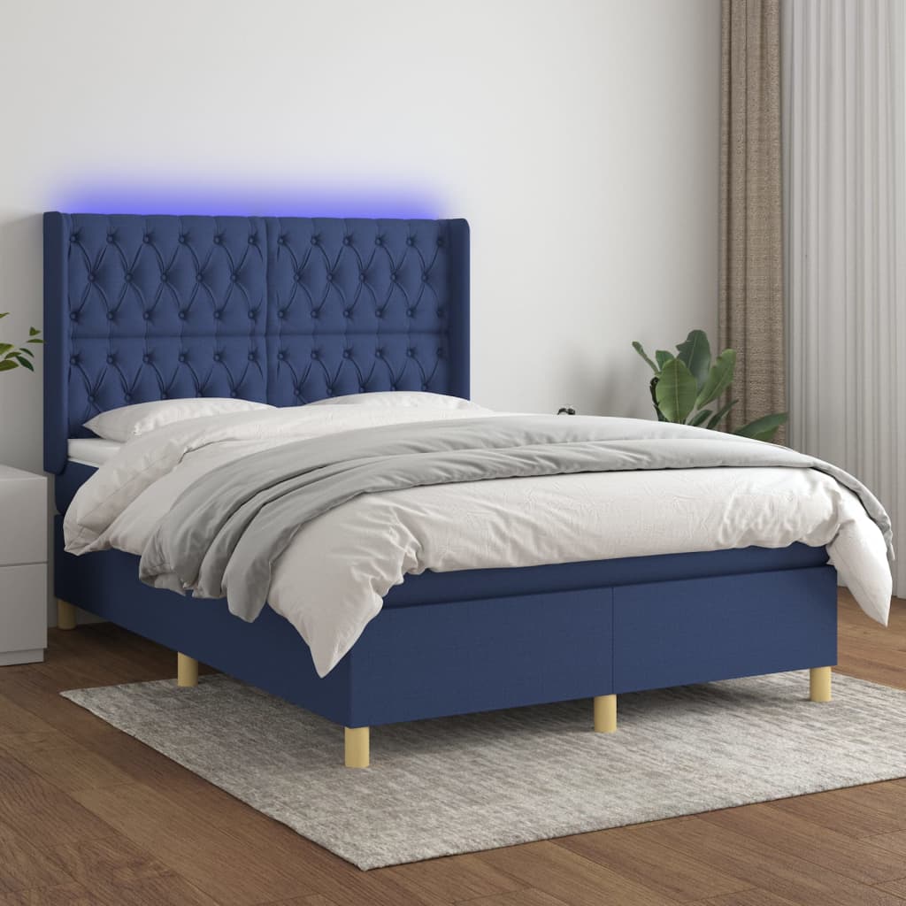 Cama Box Spring Colchón Y Luces Led Tela Azul 140x190 Cm / Vetonek_4