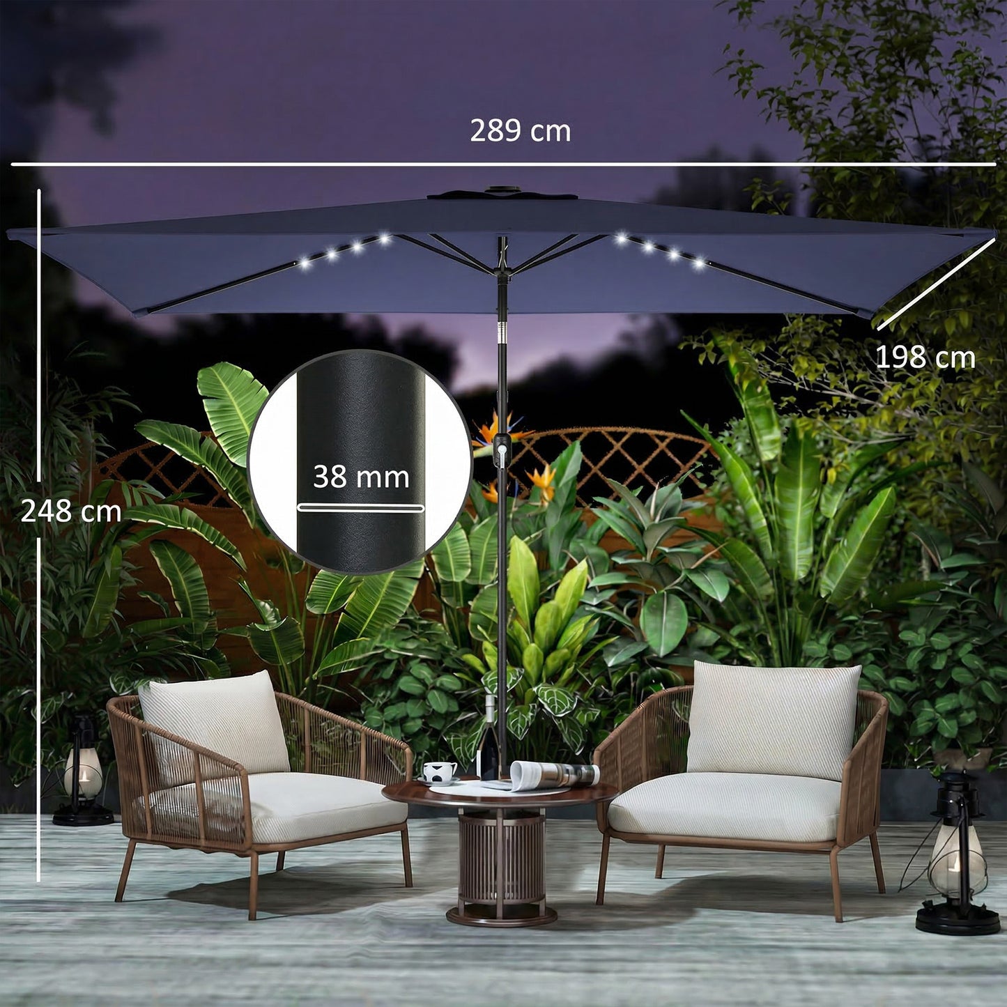 Outsunny Sombrilla Terraza Exterior Con 24 Luces Led Solares 2,9x2,5 M Azul_2