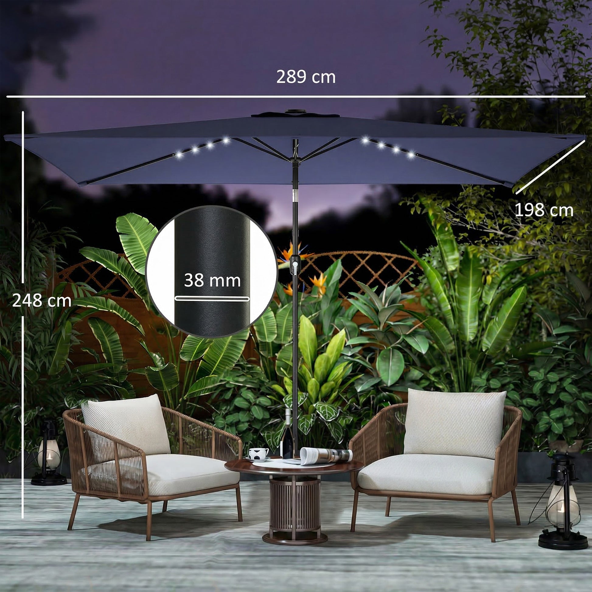 Outsunny Sombrilla Terraza Exterior Con 24 Luces Led Solares 2,9x2,5 M Azul_2