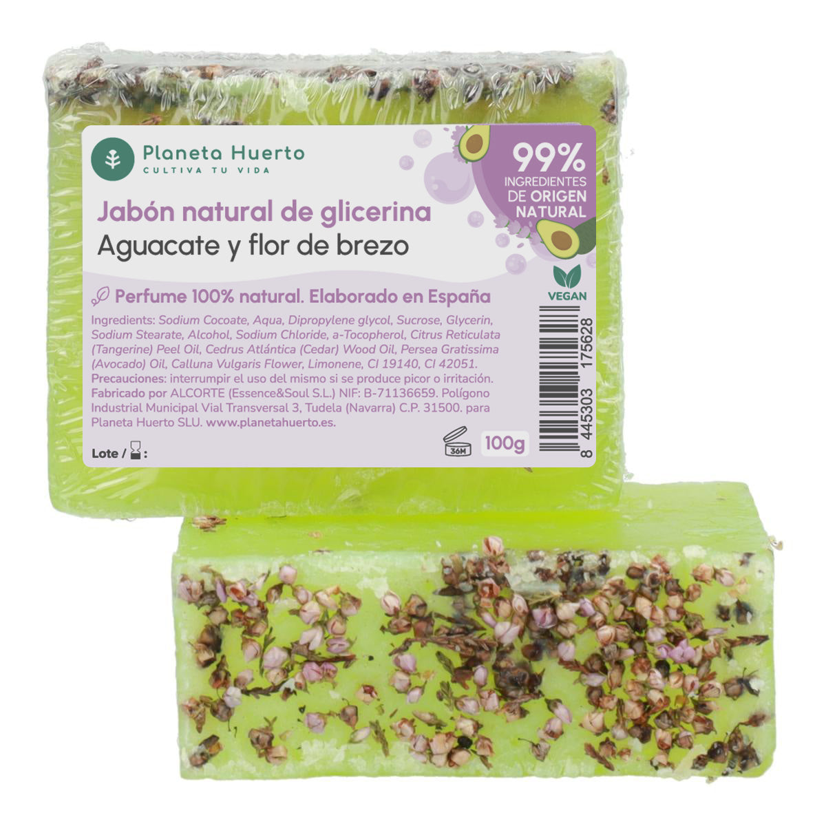 Jabón natural de glicerina aguacate y flor de brezo Planeta Huerto 100 g