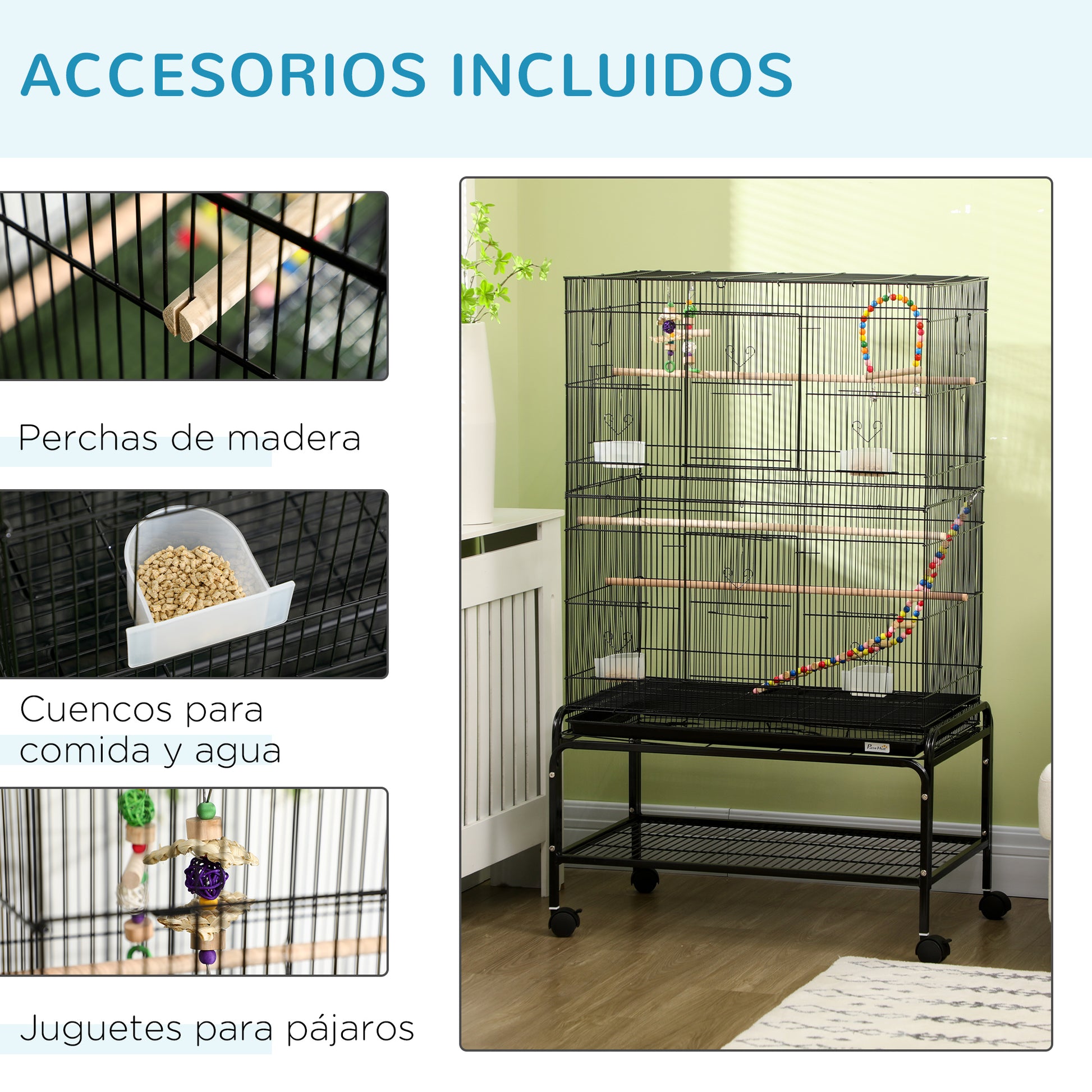 Pawhut Jaula Para Pájaros Con Ruedas 79x49x133 Cm Pajarera Metálico Negro_4