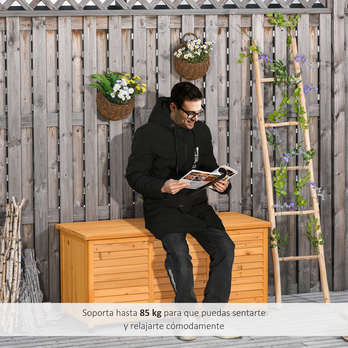 Outsunny Baúl De Madera Exterior Con Tapa Abrible Y Diseño Persiana 127x56x60 Cm_4