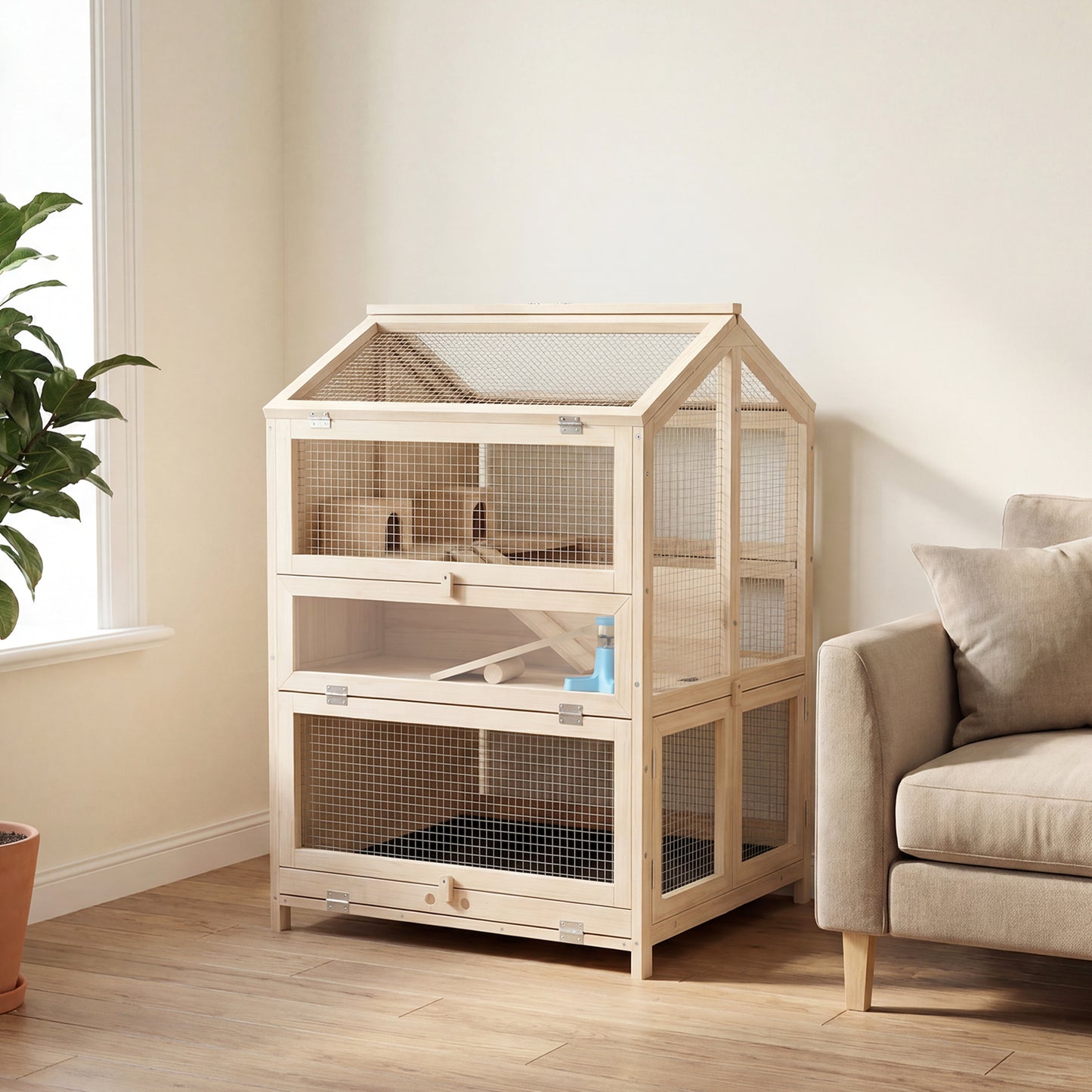 Pawhut Jaula Para Hámster De Madera De 3 Niveles Bandeja Extraíble Natural_1
