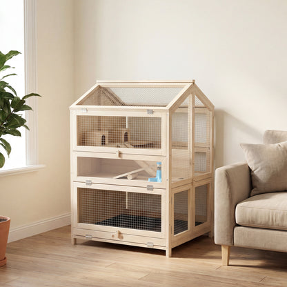 Pawhut Jaula Para Hámster De Madera De 3 Niveles Bandeja Extraíble Natural_1
