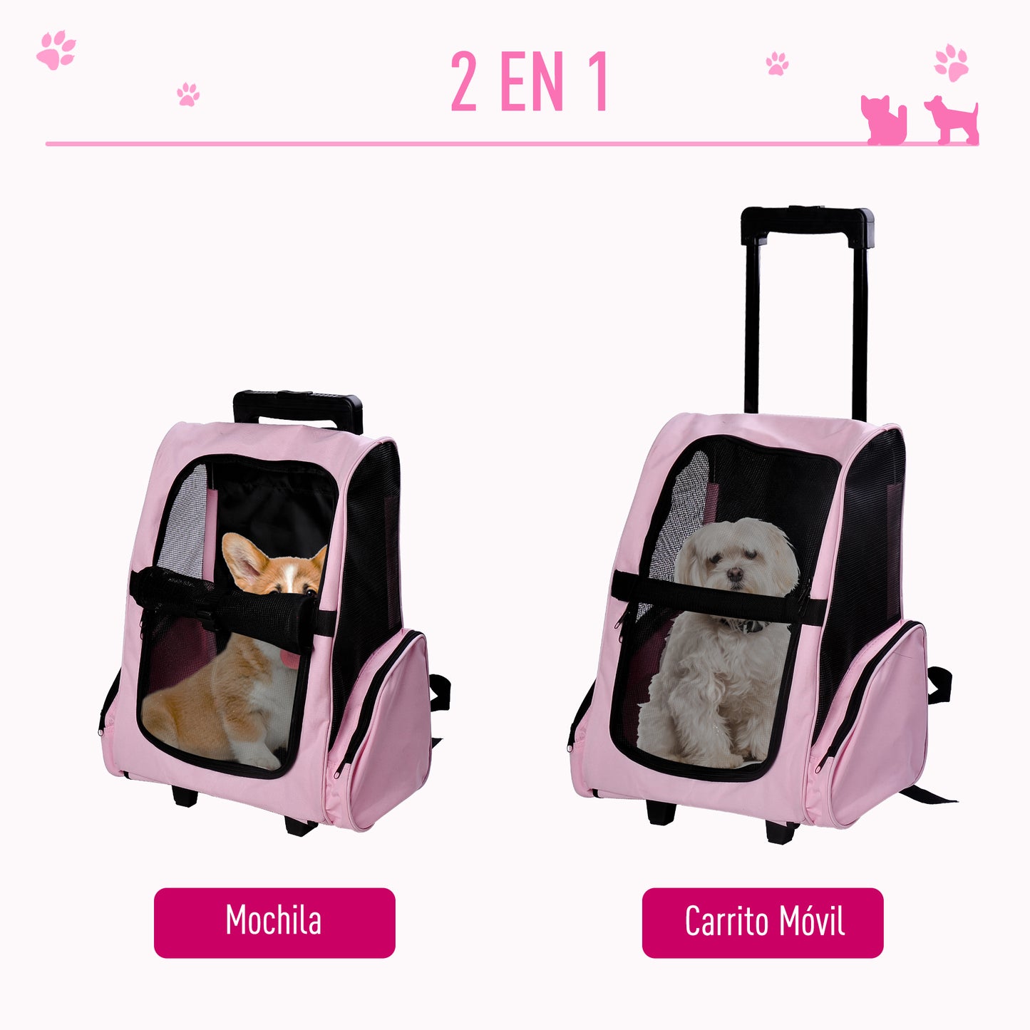 Pawhut Transportín 2 En 1 Para Mascotas Carrito Mochila Ruedas 42x25x55 Cm Rosa_3