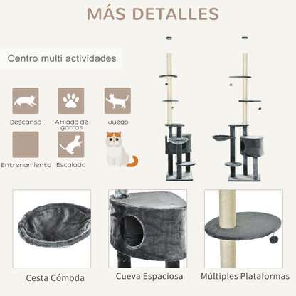 Pawhut Árbol Rascador Para Gatos De 220-265 Cm Altura Ajustable Al Techo Gris_5