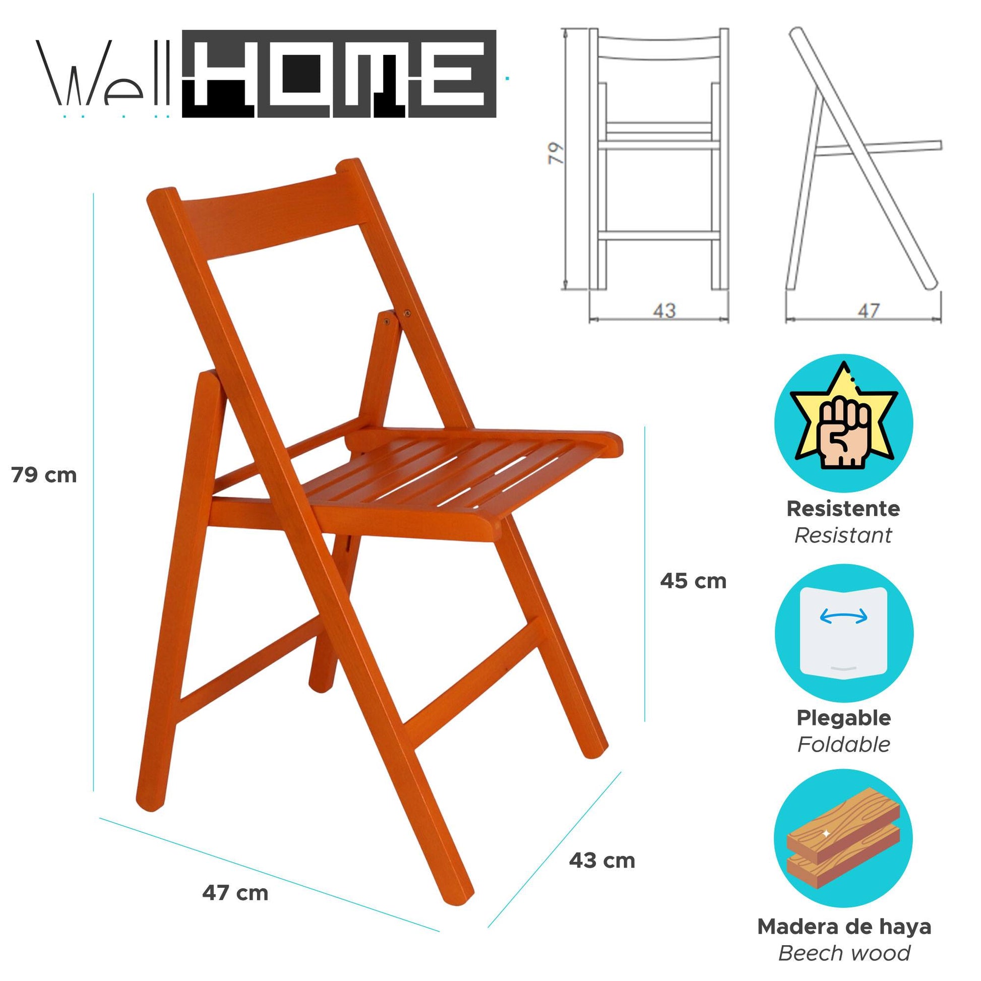 Well Home Mobiliario & Decoración - Pack 4 Sillas Bas En Madera De Haya, Acabado Naranja