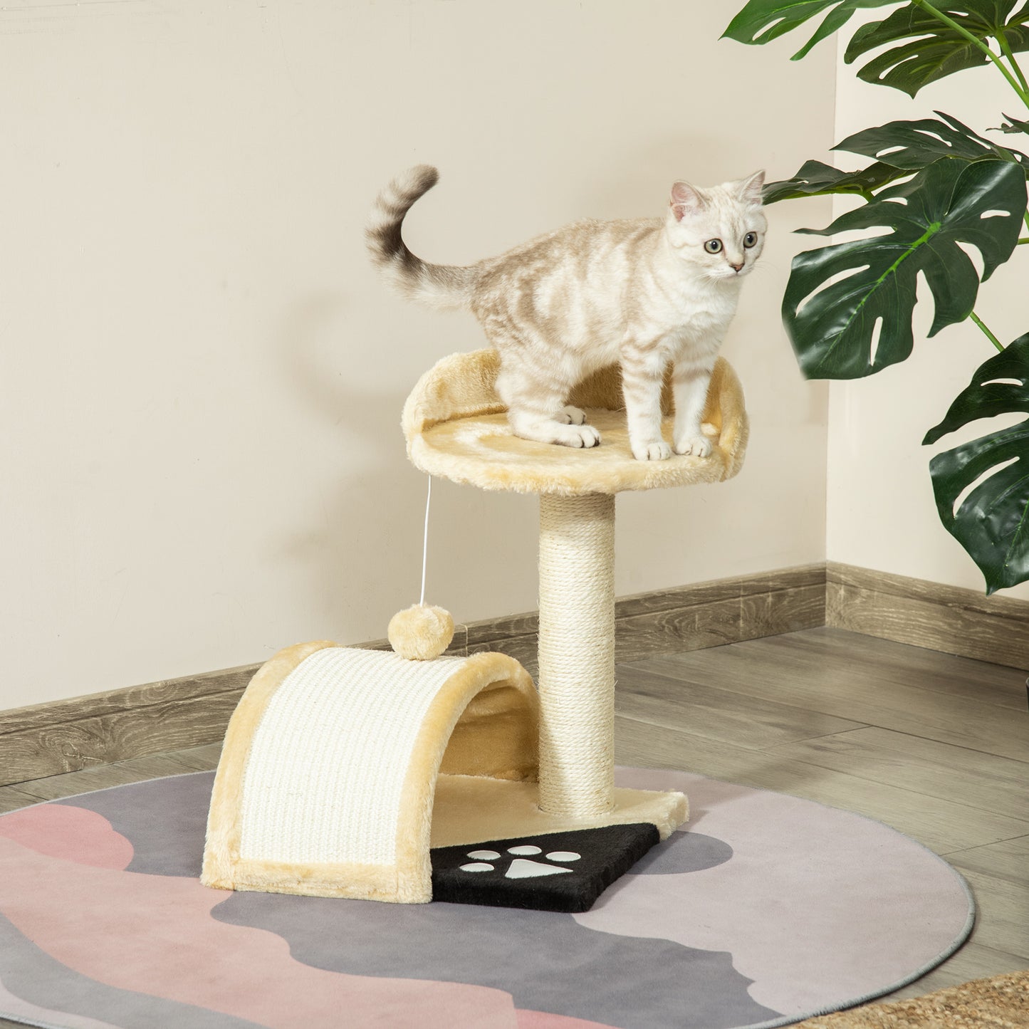 Pawhut Árbol Rascador Para Gatos 2 Niveles Con Poste Tablero Para Rascar Beige_1