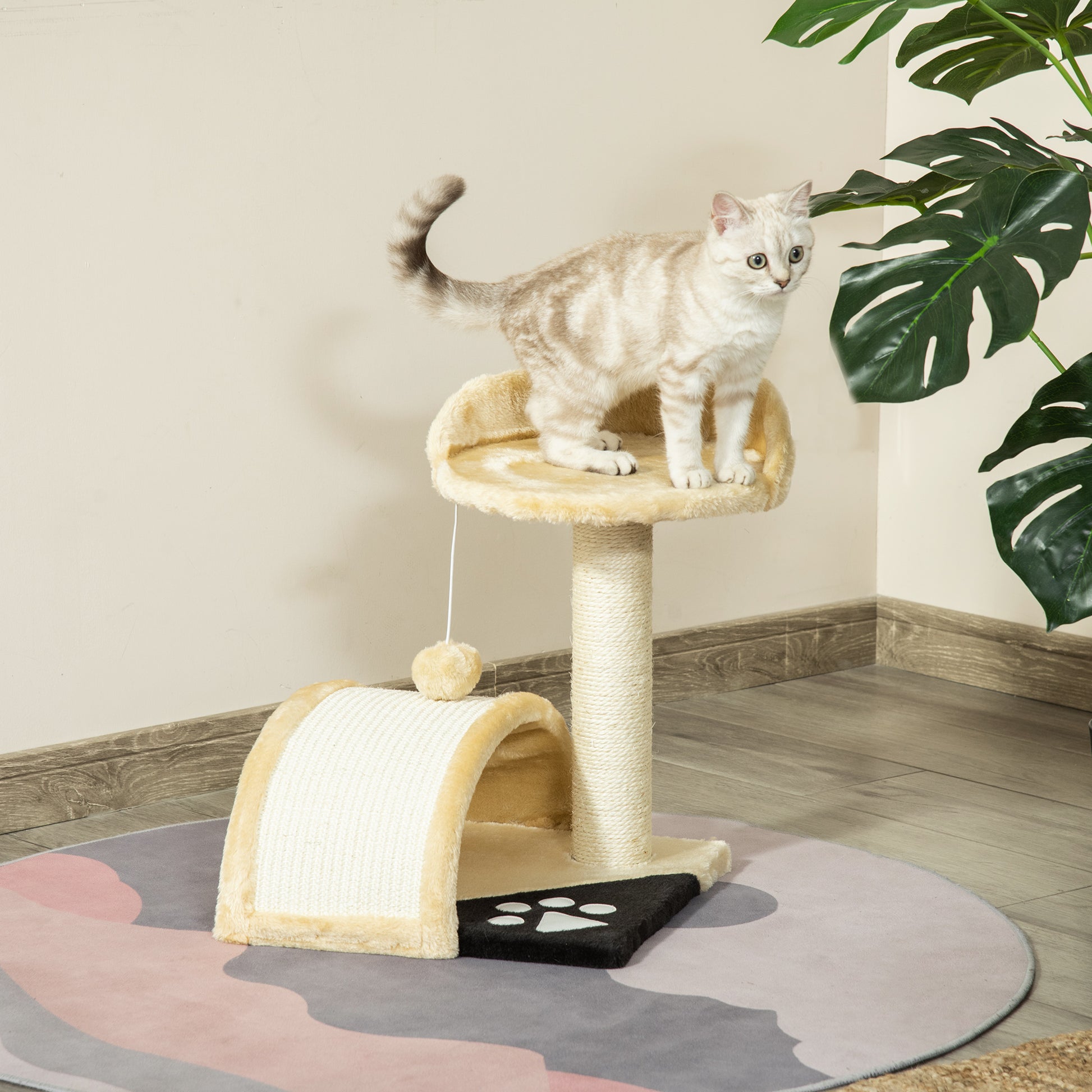 Pawhut Árbol Rascador Para Gatos 2 Niveles Con Poste Tablero Para Rascar Beige_1