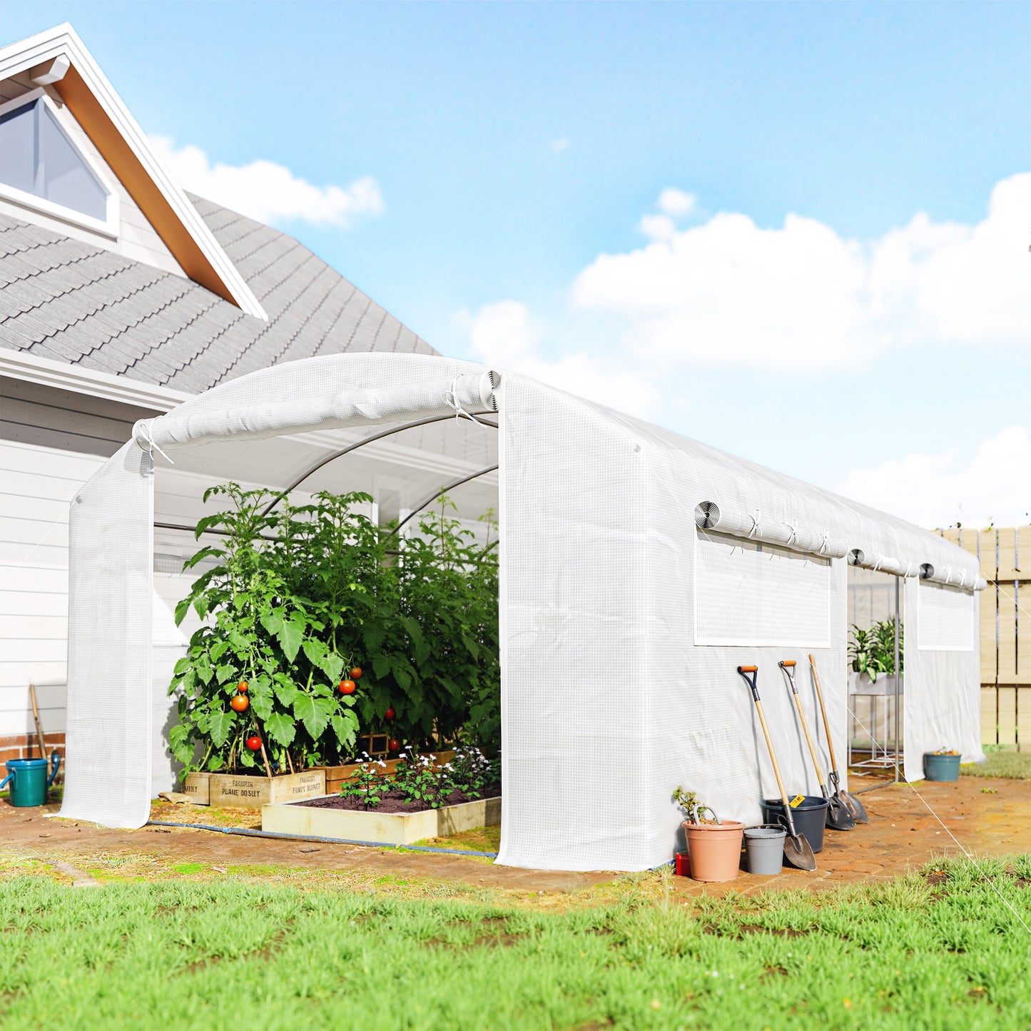 Outsunny Invernadero De Túnel 6x3x2 M Con 3 Puertas Enrollables Ventanas Blanco_1