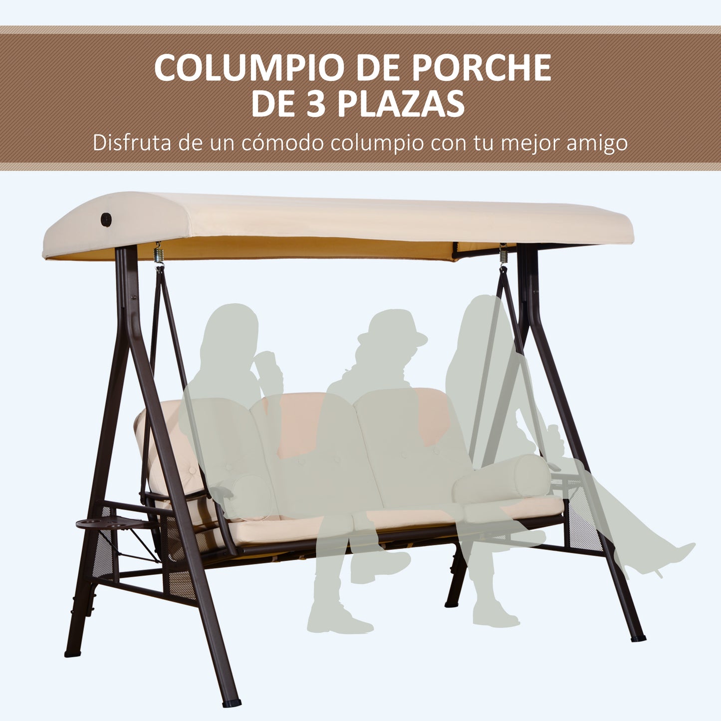 Outsunny Columpio Balancín Jardín 3 Plazas Techo 2 Cojines 208x121x172 Cm Beige_4
