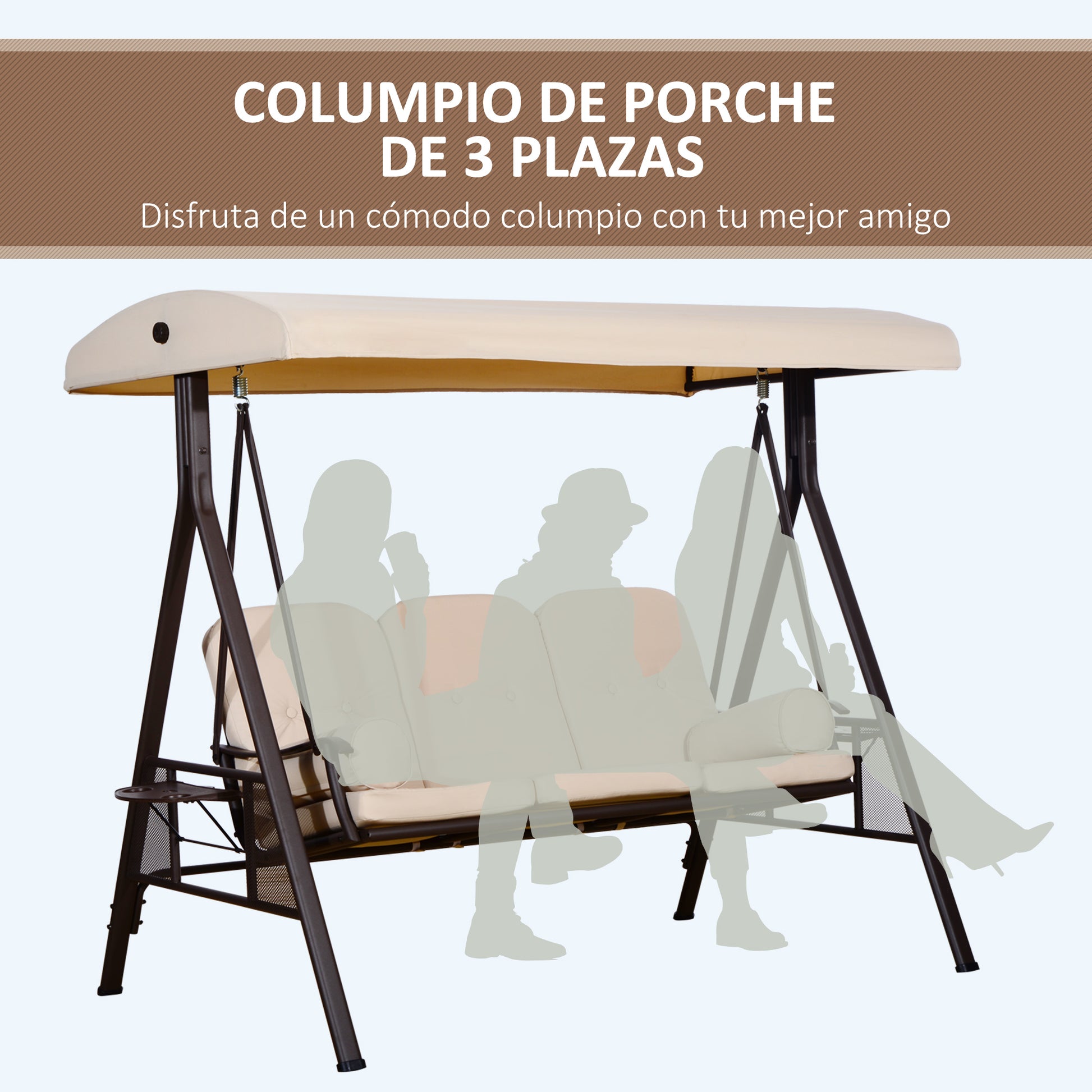 Outsunny Columpio Balancín Jardín 3 Plazas Techo 2 Cojines 208x121x172 Cm Beige_4
