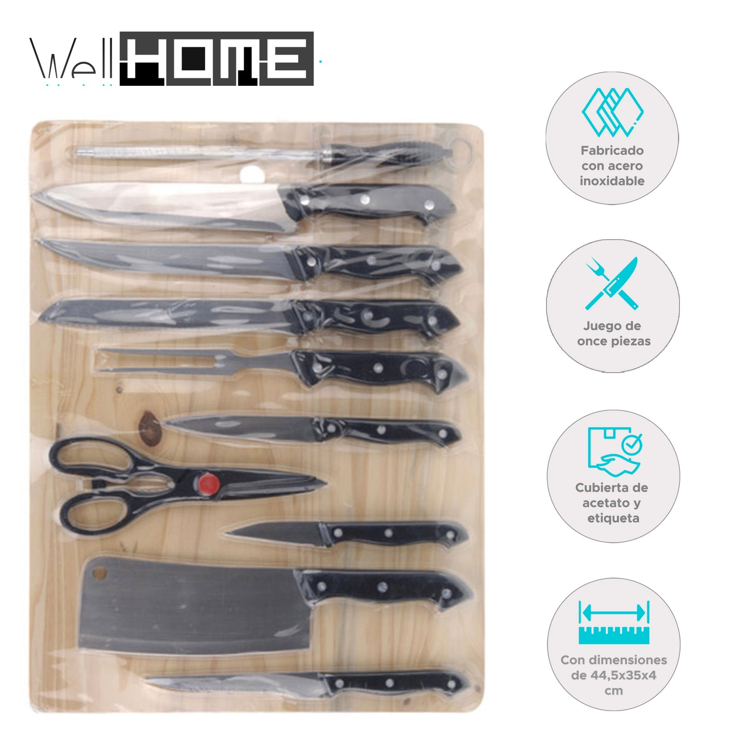 Well Home Set De Cuchillos De 11 Piezas Con Cubierta De Acetato Y Tabla De Madera - Ideal Para Tu Cocina_1