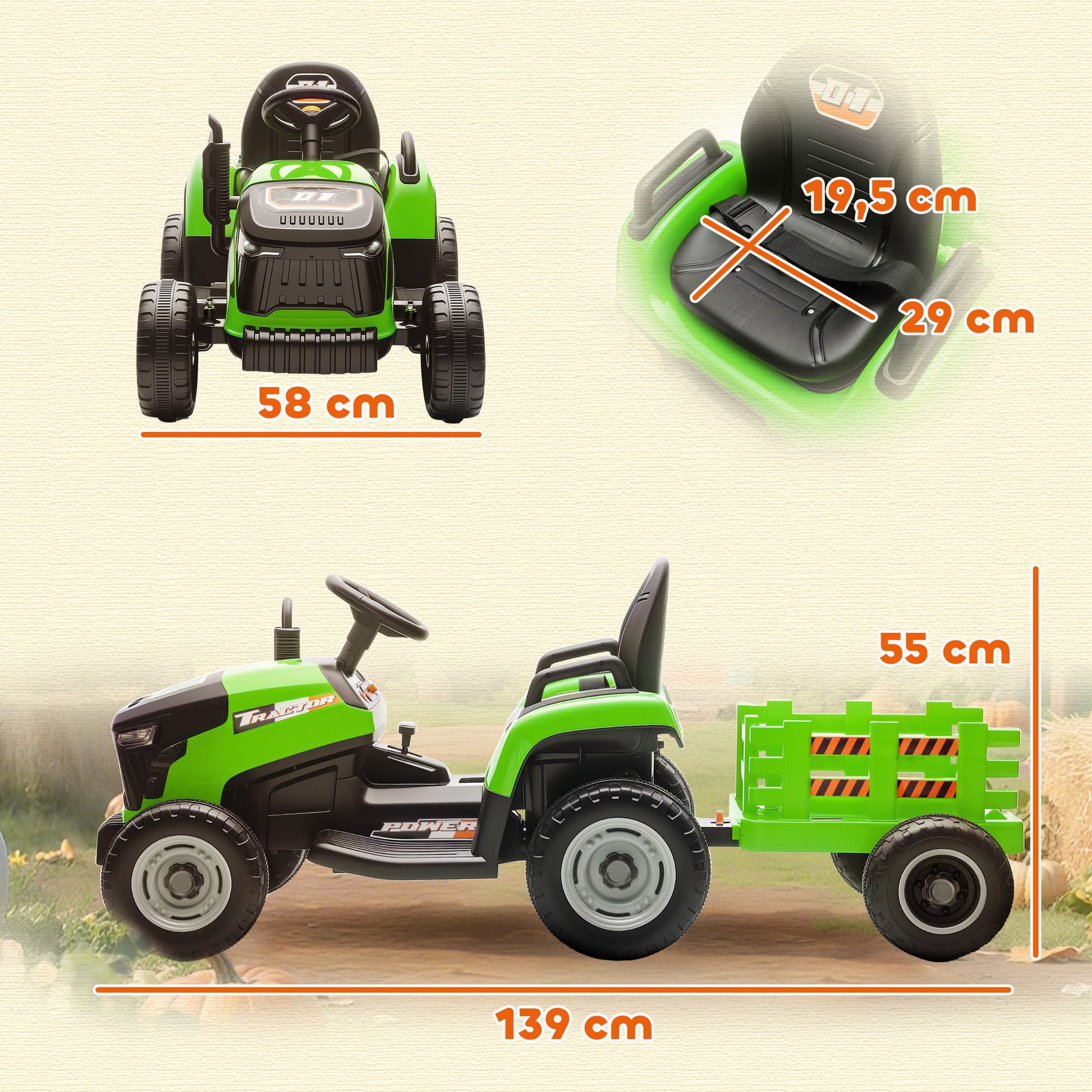 Aiyaplay Tractor Eléctrico Para Niños Con Remolque Desmontable Verde_2