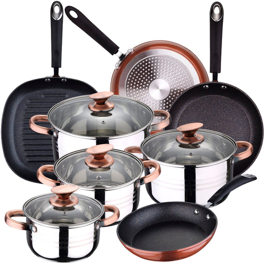 Batería de Cocina San Ignacio Premium Nona 8 Pzas en Acero Inoxidable con Sartenes (20/24/28 cm) y Grill de Aluminio 28 cm_0