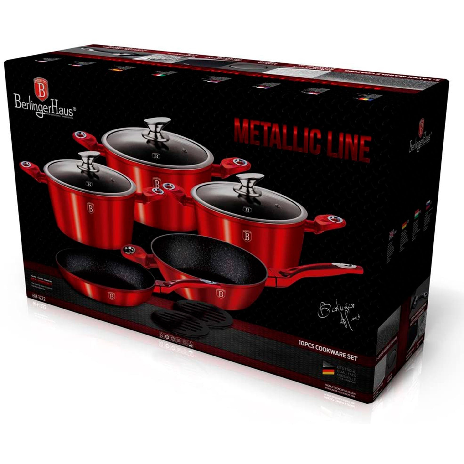 Batería Cocina Inducción 10 Piezas, Antiadherente Mármol Sin Pfoa, Aluminio, Cazuelas Sartenes Berlinger Haus Burgundy Rojo