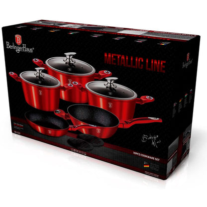 Batería Cocina Inducción 10 Piezas, Antiadherente Mármol Sin Pfoa, Aluminio, Cazuelas Sartenes Berlinger Haus Burgundy Rojo