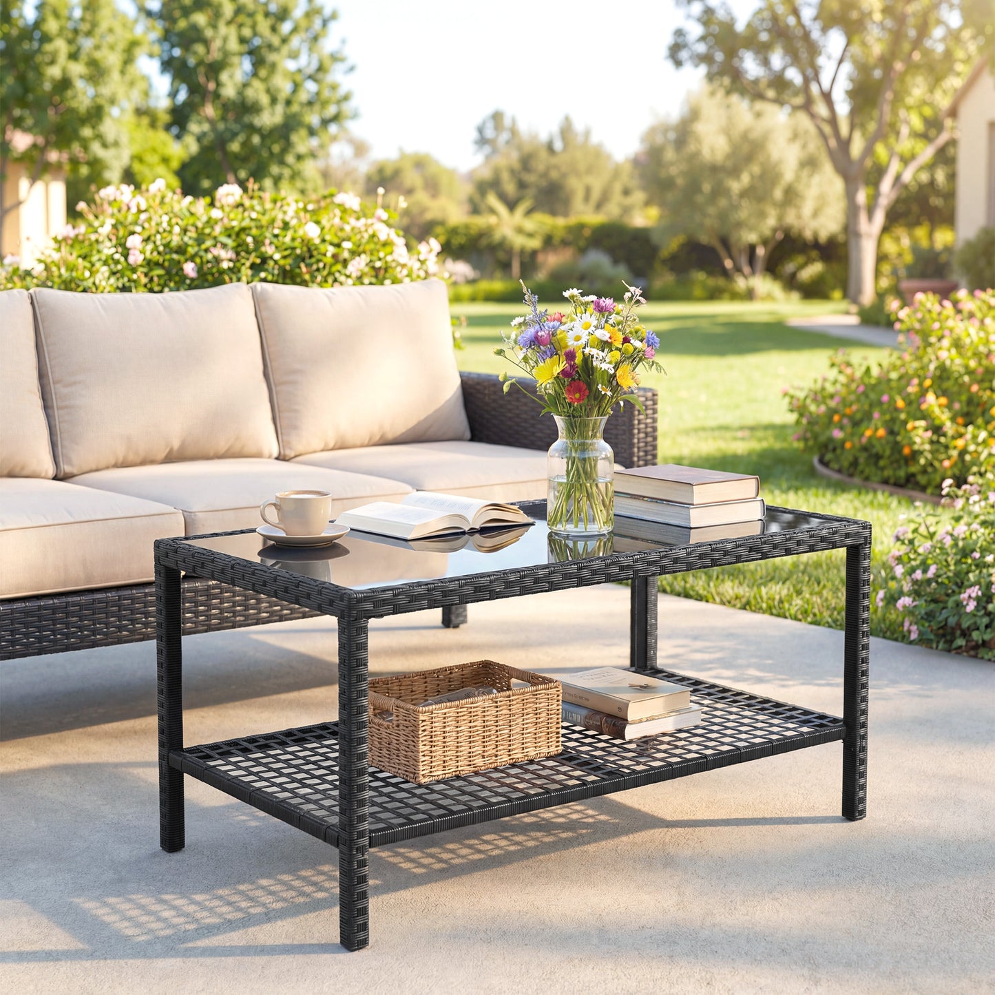 Outsunny Mesa De Jardín De Ratán Con Estante Tablero De Vidrio Templado Negro_3