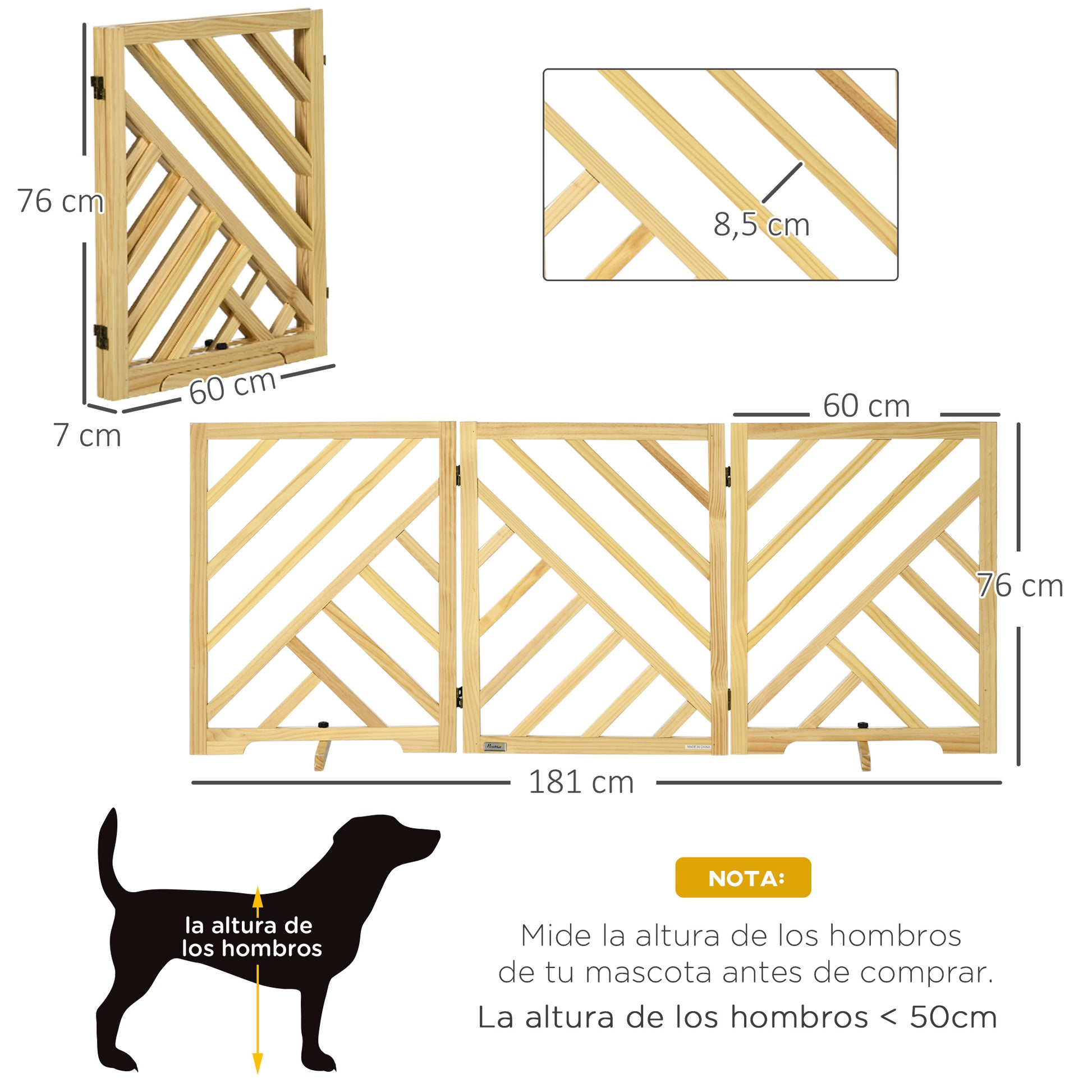 Pawhut Barrera De Seguridad Plegable Para Perros 3 Paneles 181x35x76 Cm Natural_2