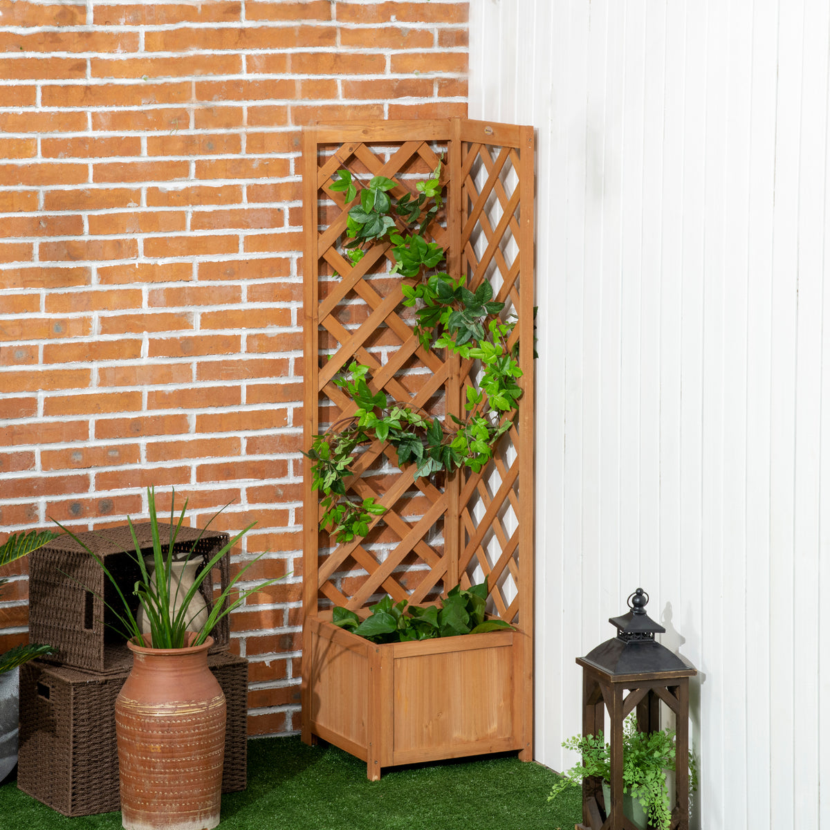 Jardinera Con Enrejado Outsunny Madera De Abeto Madera Natural 40x40x145 Cm_1