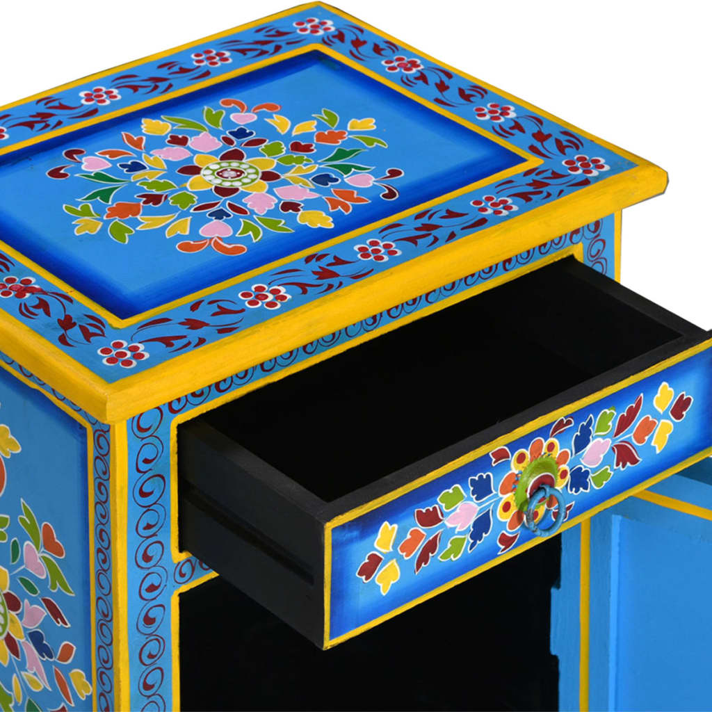 Mesita De Noche Madera Maciza De Mango Turquesa Pintada A Mano_2