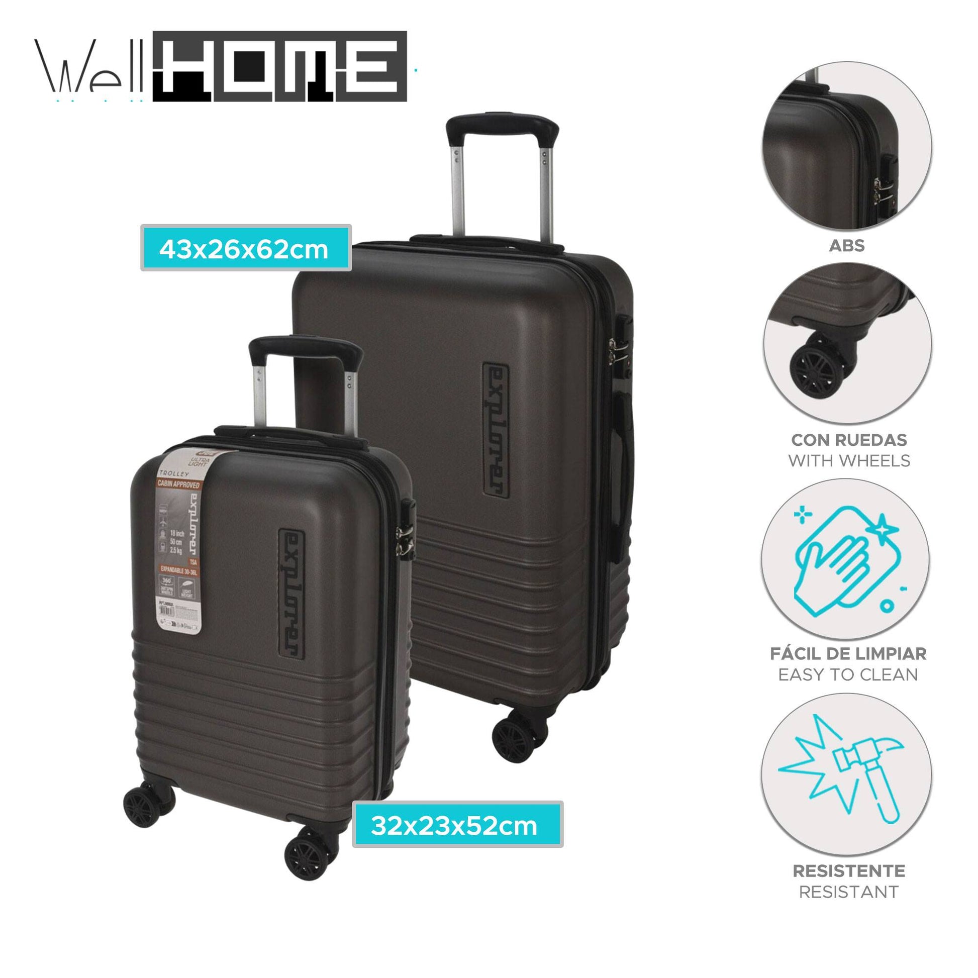 Well Home Juego De 2 Maletas Abs Trolley De 18'' Y 22'' Color Gris