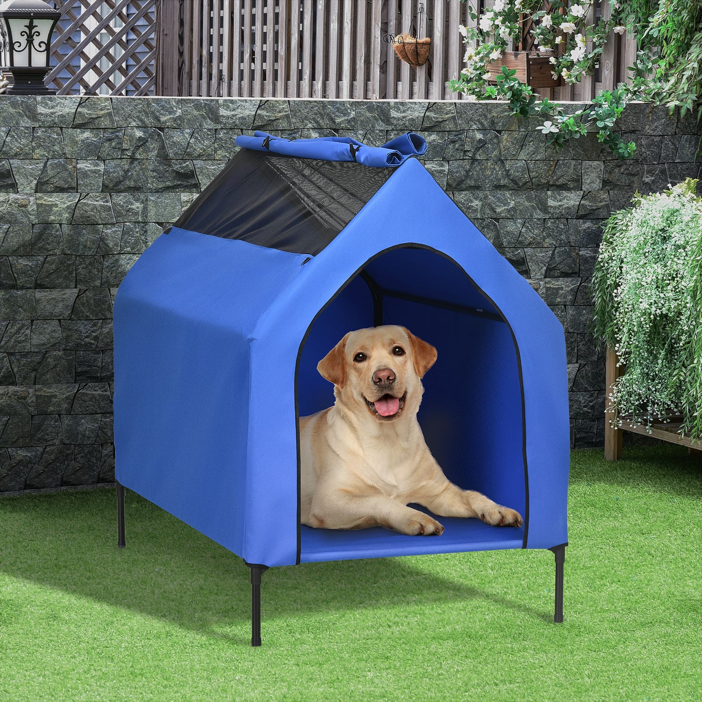 Pawhut Caseta Para Perros 110x76x110 Cm Con Cubierta Desmontable Y Ventanas Azul_1