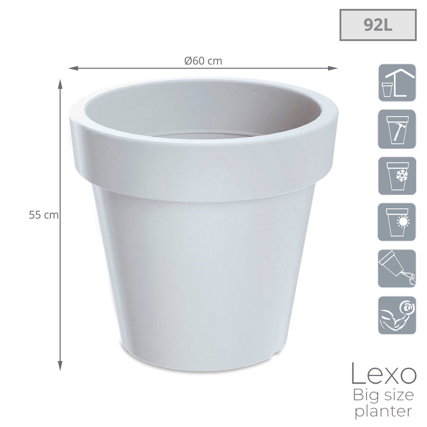 Maceta Lexo Round 92l., Dimensiones (mm) 600x600x550, Color Blanco_2