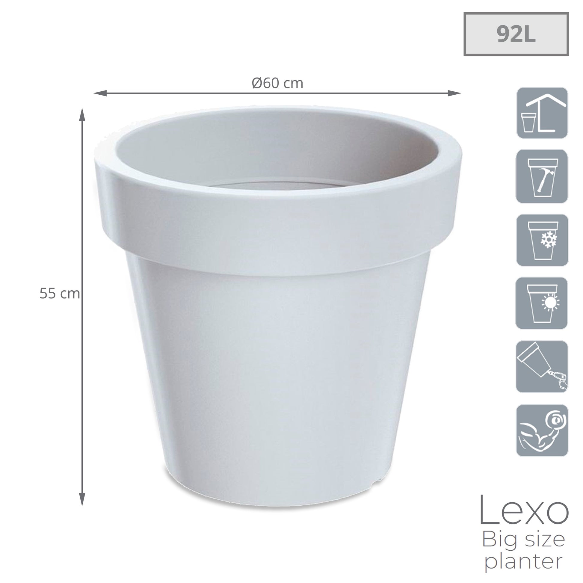 Maceta Lexo Round 92l., Dimensiones (mm) 600x600x550, Color Blanco_2