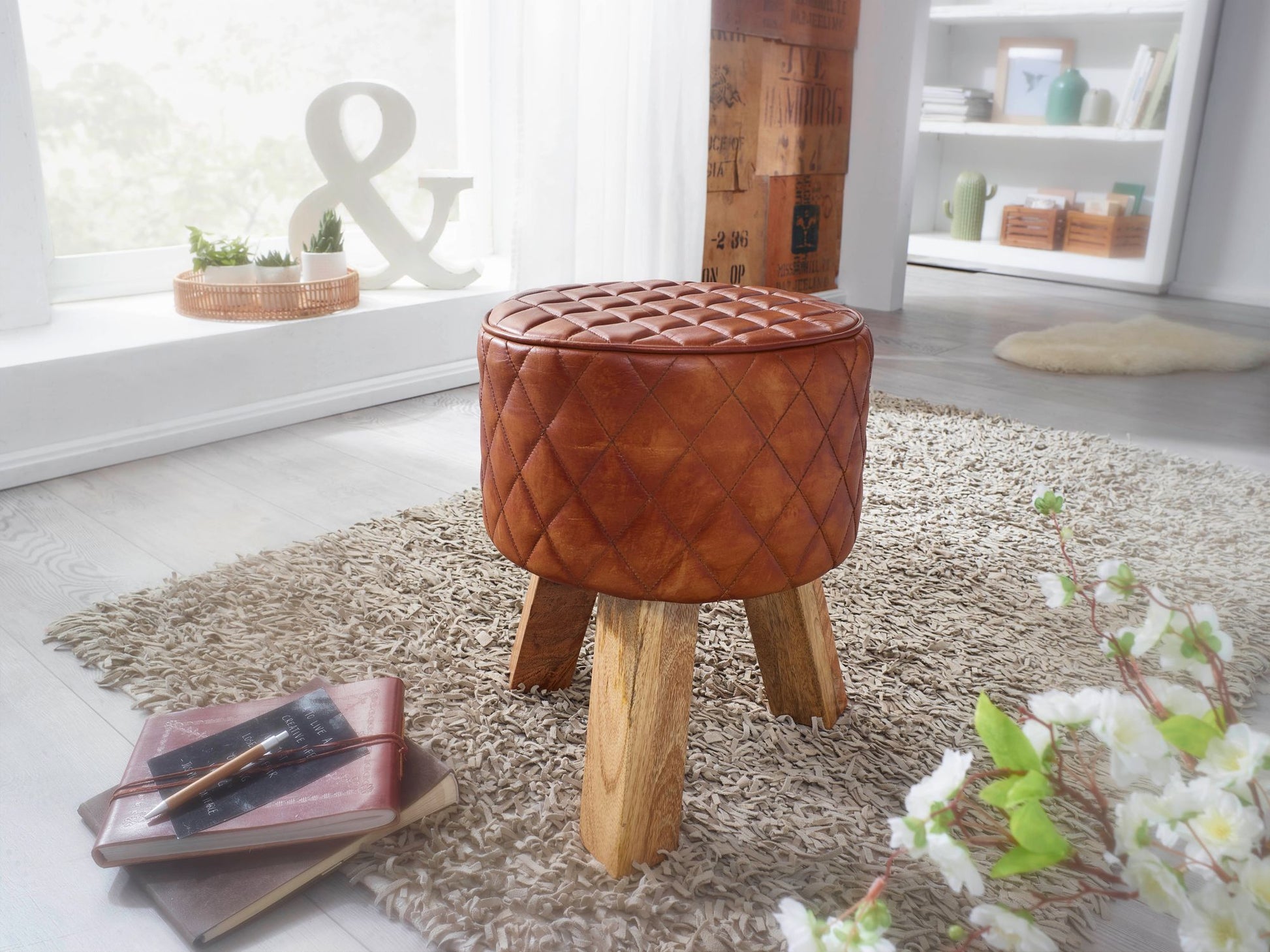 Taburete Cuero Y Madera Maciza 35x46x35 Cm_2