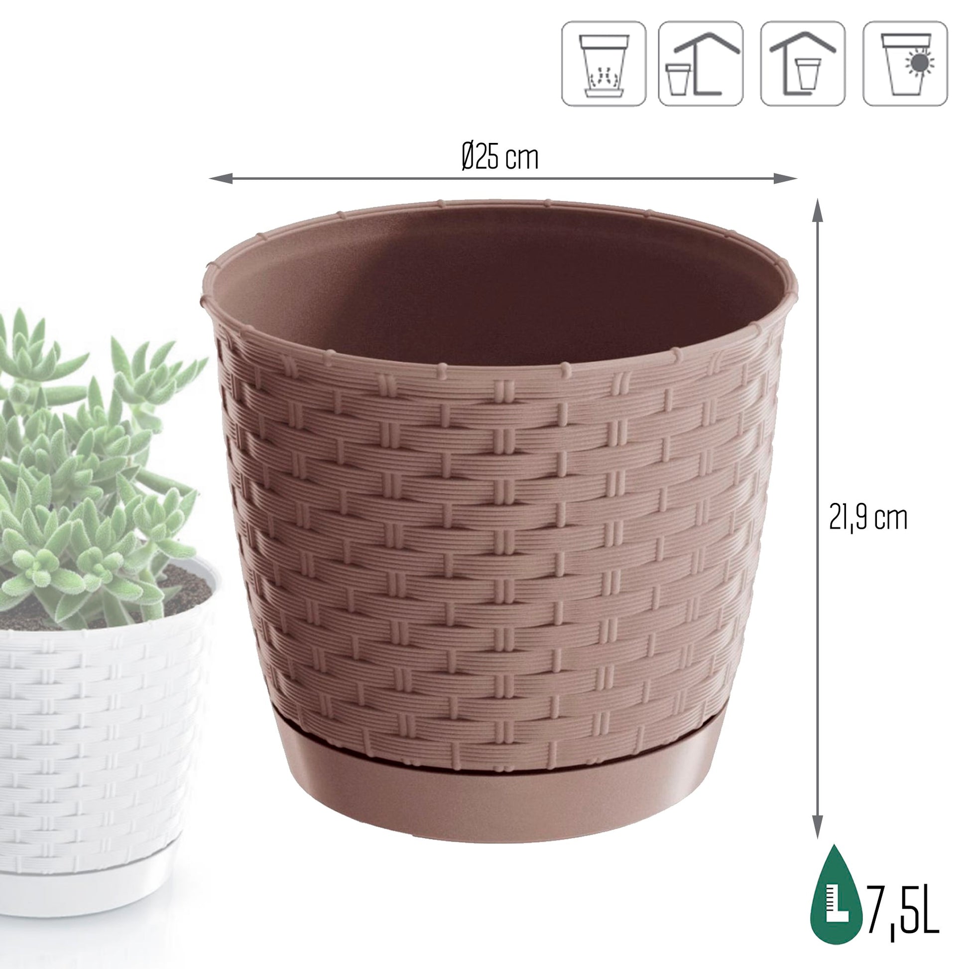 Maceta Ratolla Round 7,5l., Dimensiones (mm) 250x250x219, Color Mocca_2