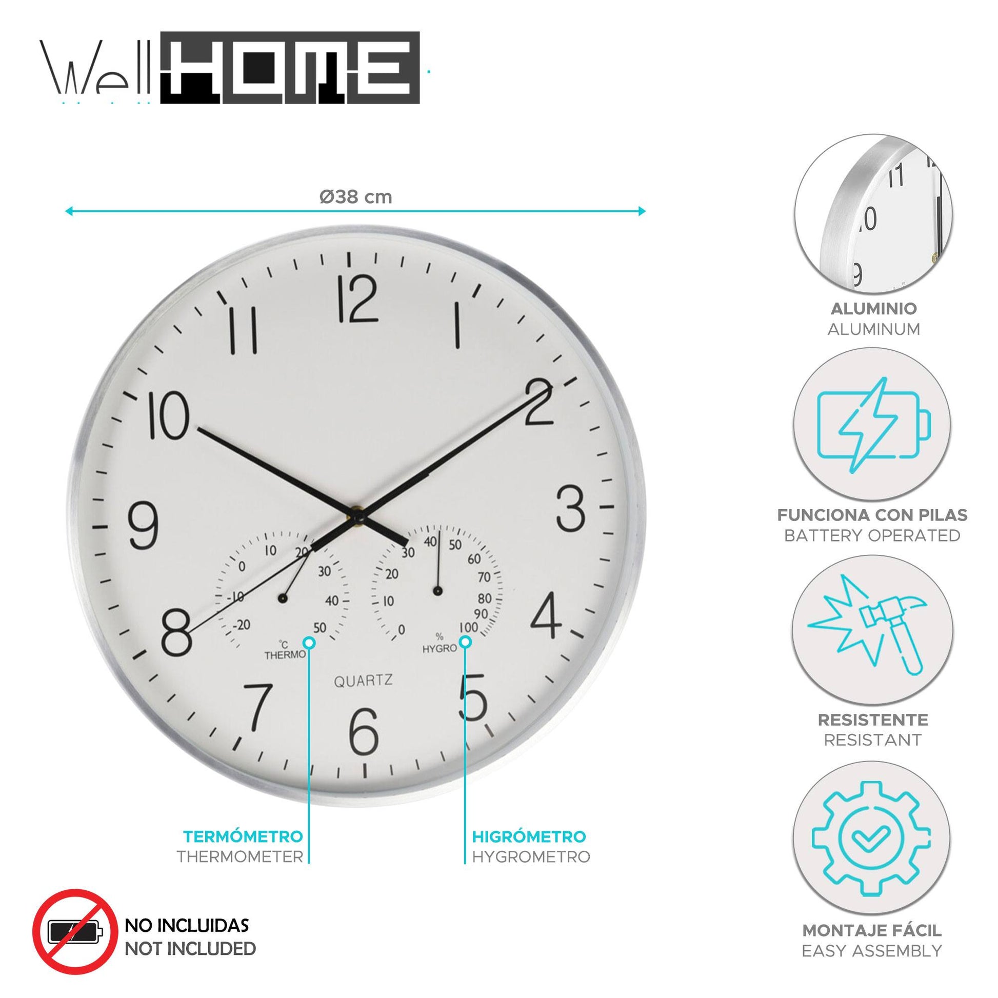Well Home Reloj De Pared De Diseño Moderno Con Termómetro E Higrómetro Ø38cm_1