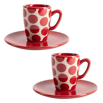 Set De 4pc Café (2 Tazas De 75ml + 2 Platos De Color Solido) Stoneware De Topos Rojos_0