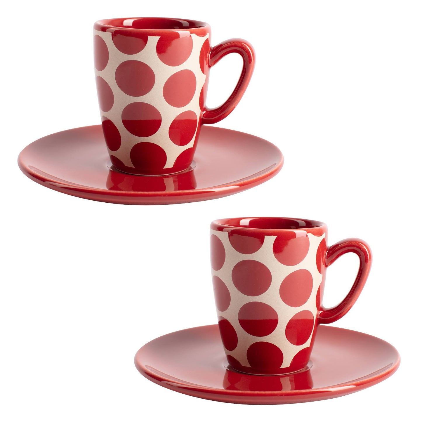 Set De 4pc Café (2 Tazas De 75ml + 2 Platos De Color Solido) Stoneware De Topos Rojos