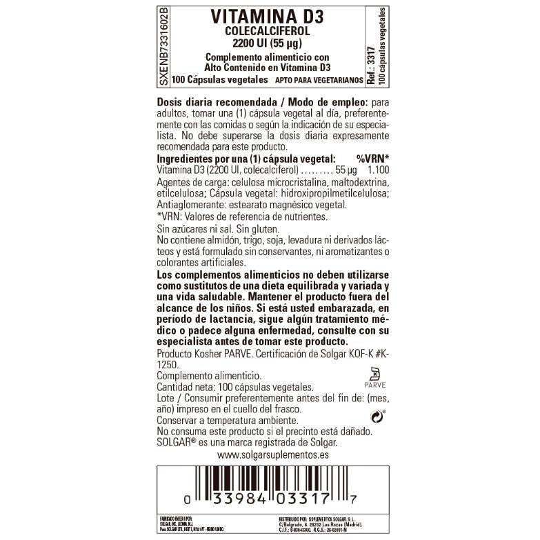 Pack Vitamina D3 2200Ui, 2x100 cápsulas de 55mg