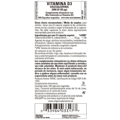 Pack Vitamina D3 2200Ui, 2x100 cápsulas de 55mg