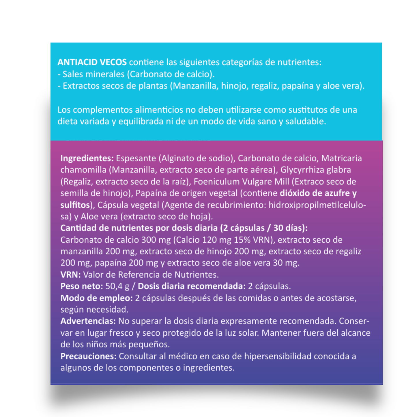 Antiacid VECOS (60 cápsulas) | Antiácido y antirreflujo | Alginato de sodio y Calcio | Alivio rápido con Formula vegetal_4