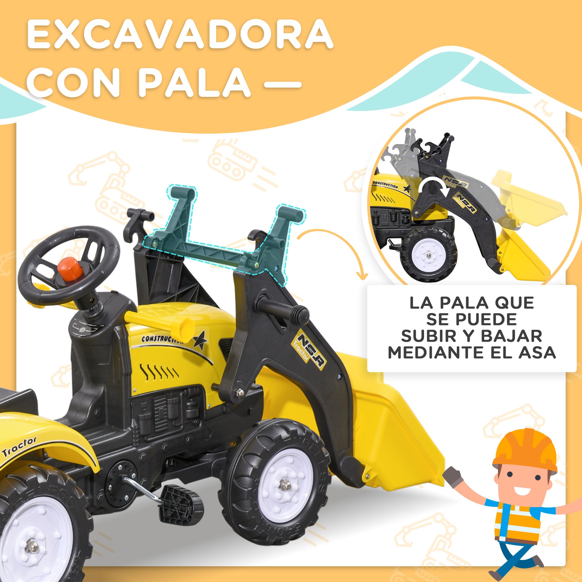 Homcom Tractor A Pedales Para Niños De 3 Años Con Remolque 167x41x52 Cm Amarillo_3