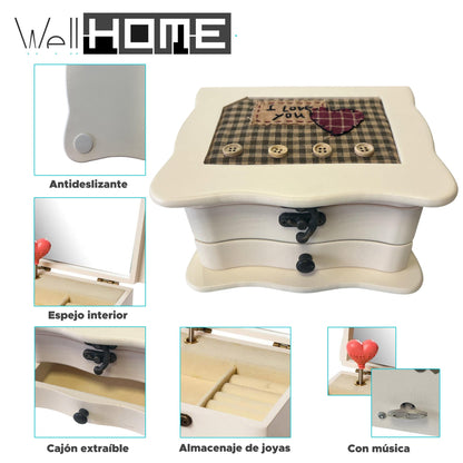 Caja Joyero I Love You Madera Cuadrada Con Espejo Y Cajón