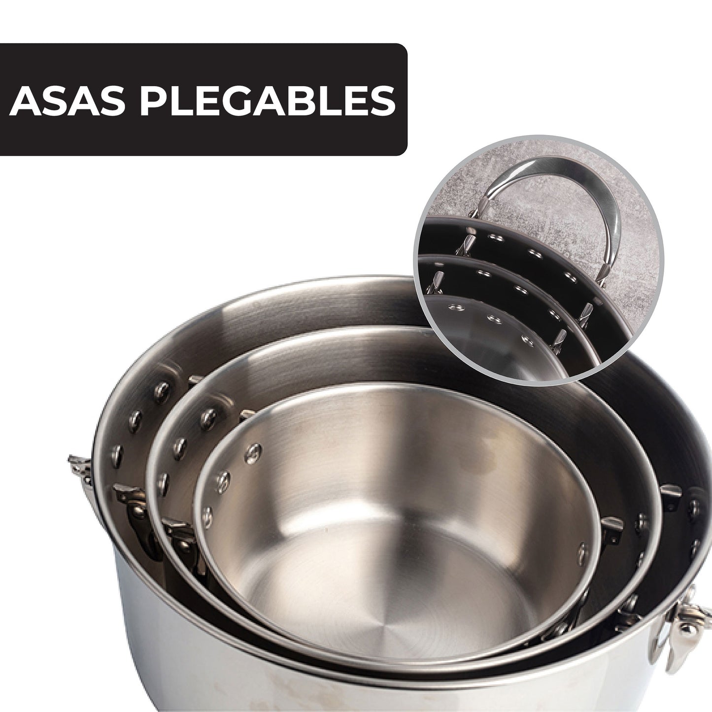 Set De Batería De Cocina En Acero Inoxidable + 3 Sartenes Ø18ø22ø26cm En Aluminio Prensado + 5 Boles De Cristal Con Tapas San Ignacio_5