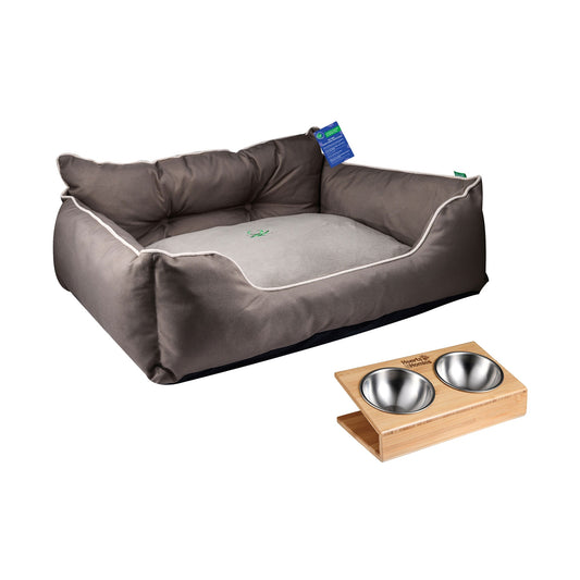 Cama Para Mascota 65x50x20cm Marrón + Comedero Doble De Acero En Bambú_0