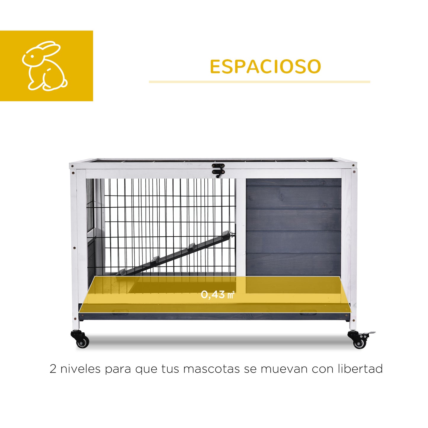 Pawhut Jaula Para Conejos De Madera 90x53x59cm Techo Abrible Rampa Bandeja_3